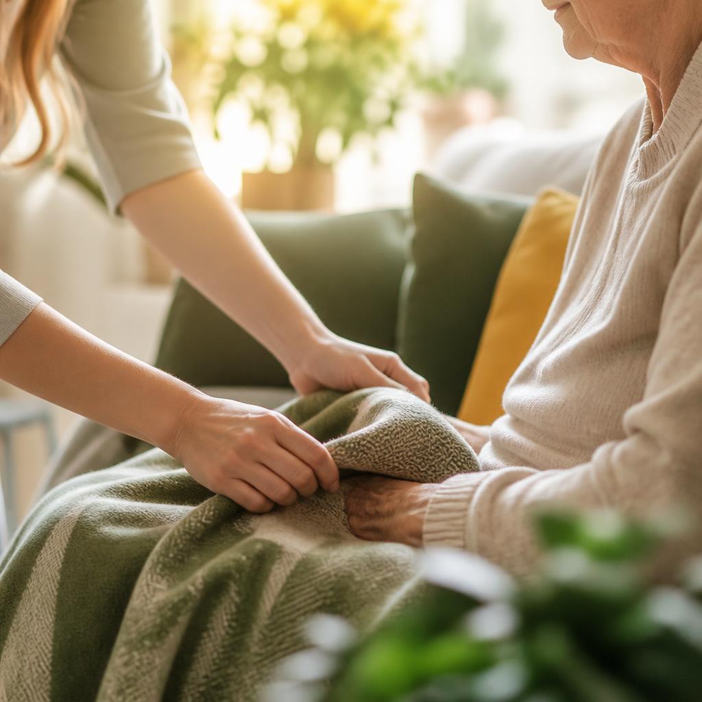 Caregiver gently supporting an older adult at home
